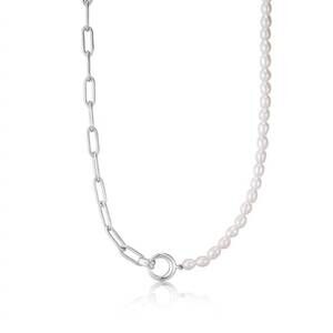 NEW ANIA HAIE women's pearl chunky link chain necklace in silver